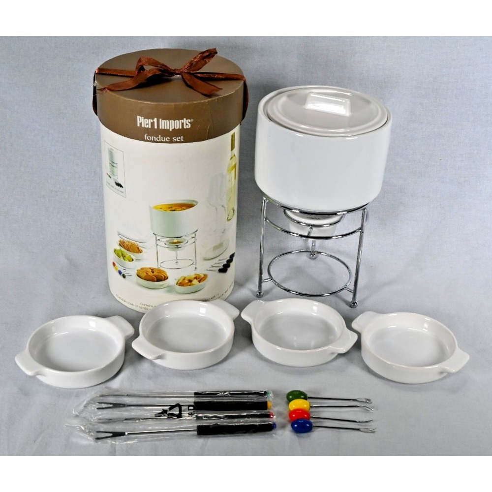 NEW Open Box Pier 1 Fondue Set White Stoneware 4 Bowls 8 Forks Storage